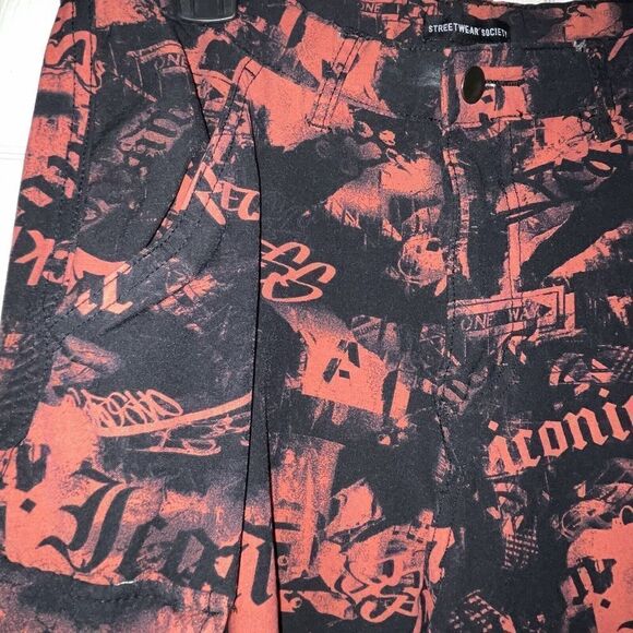 Streetwear Society Cargo Pants Black Red Words Size L 28x28 Y2K Edgy Punk - Picture 3 of 11